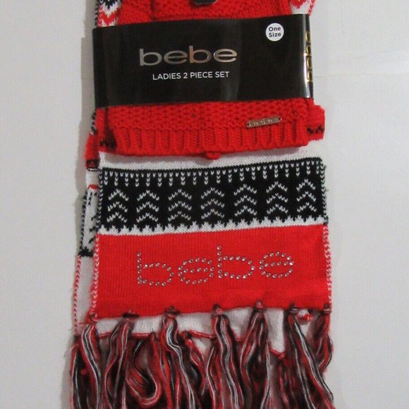 bebe Womens 2 Piece Scarf and Hat Set Red / Black NWT - Picture 1 of 4